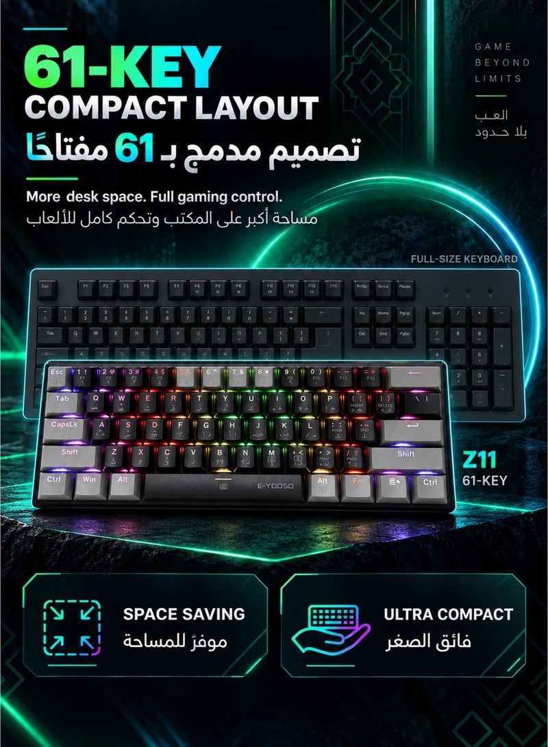 E-YOOSO Z-11 60% Wired RGB Arabic & English Mechanical Keyboard,61 Keys Compact Gaming Keyboard with Hot Swappable Blue Switches for Windows, Mac PS(Black Grey) - Image 4