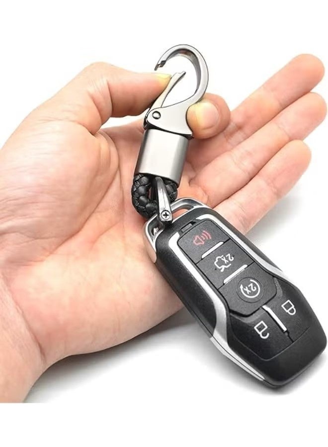 سلسلة مفاتيح سيارة، سلسلة مفاتيح عالمية، سلسلة مفاتيح جلدية، معدن متين بحلقة على شكل حرف D، مناسبة للرجال والنساء، تناسب معظم مفاتيح السيارات مع جلد PU منقوش (عبوة من 3 قطع، أسود) - Image 4