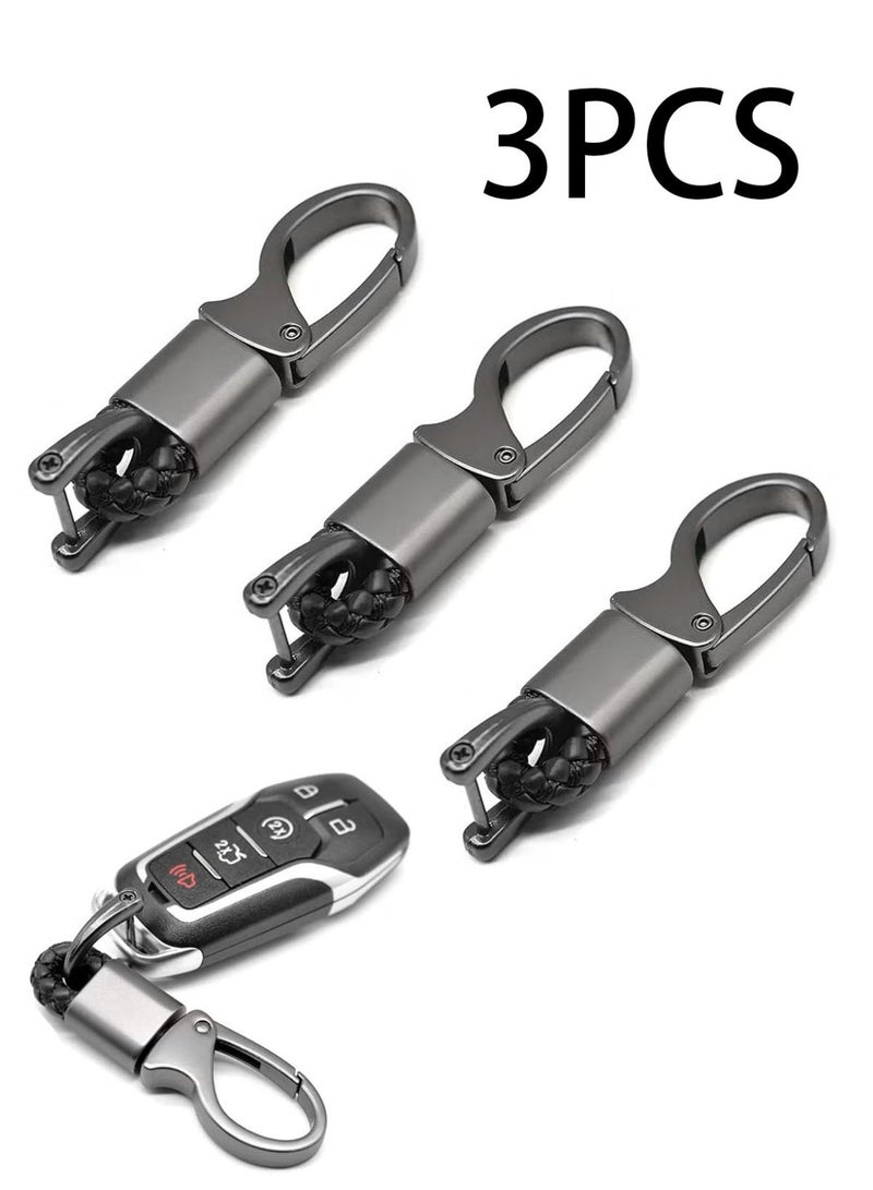 سلسلة مفاتيح سيارة، سلسلة مفاتيح عالمية، سلسلة مفاتيح جلدية، معدن متين بحلقة على شكل حرف D، مناسبة للرجال والنساء، تناسب معظم مفاتيح السيارات مع جلد PU منقوش (عبوة من 3 قطع، أسود) - Image 1