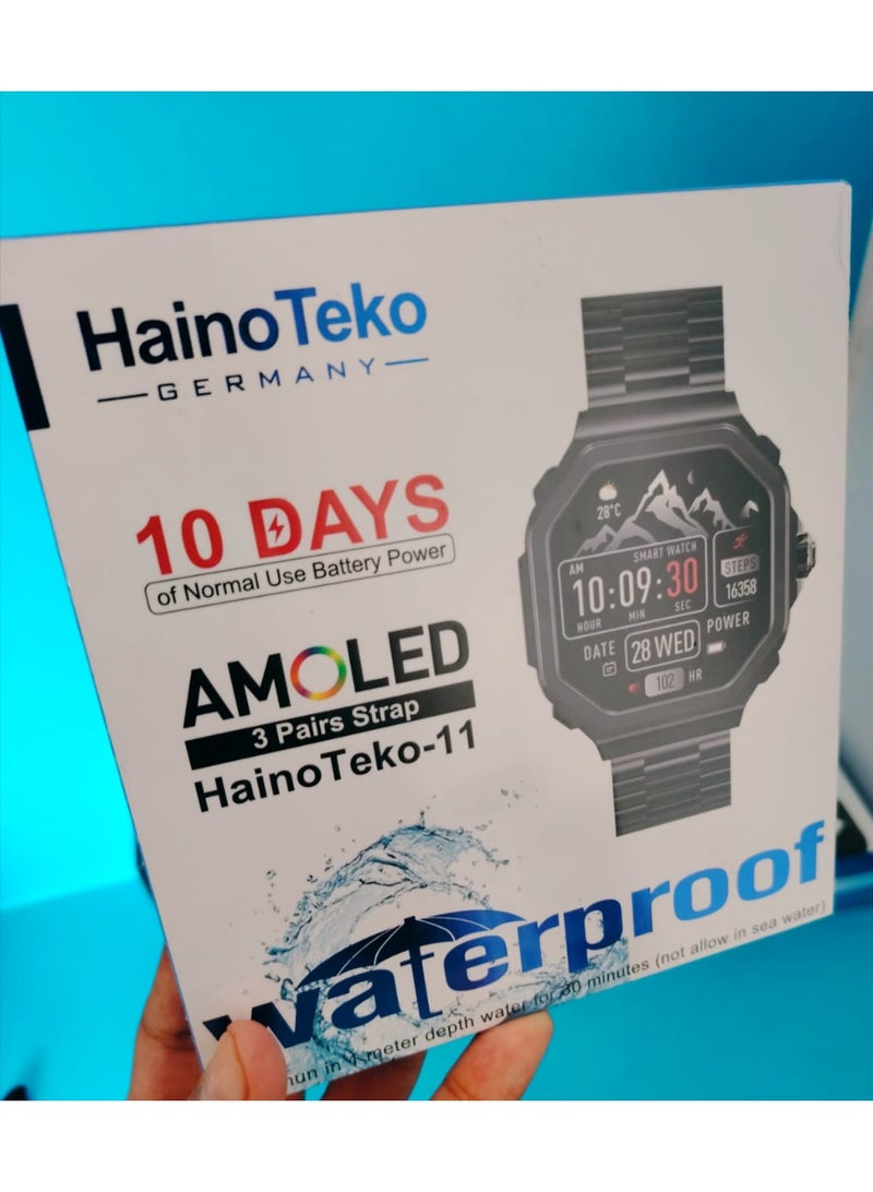 Haino Teko The HainoTeko-11 smartwatch  boasts numerous details and features. It features a high-resolution AMOLED display.  It has a battery life of up to 10 days with normal use. - Image 2