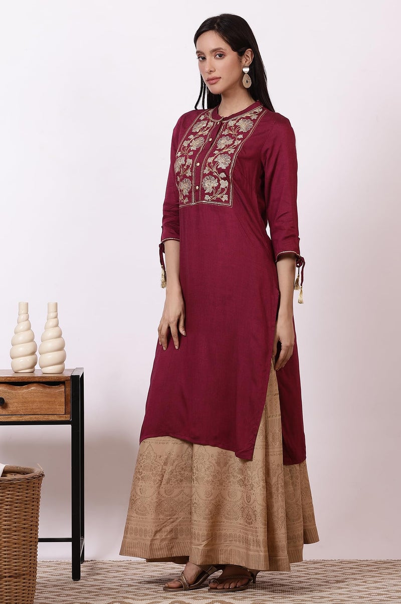 Aurelia Women's Dark Pink Zari Embroidered Straight Kurta, Flared Skirt and Dupatta Set (Size: L)-ONAS13476-702839 - Image 4
