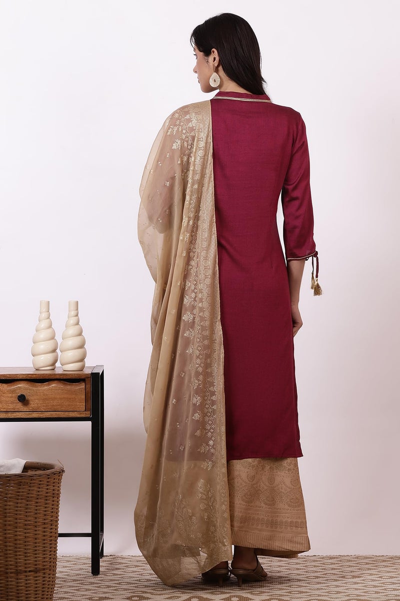Aurelia Women's Dark Pink Zari Embroidered Straight Kurta, Flared Skirt and Dupatta Set (Size: L)-ONAS13476-702839 - Image 5