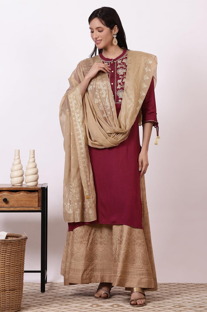 Aurelia Women's Dark Pink Zari Embroidered Straight Kurta, Flared Skirt and Dupatta Set (Size: L)-ONAS13476-702839 - Image 2