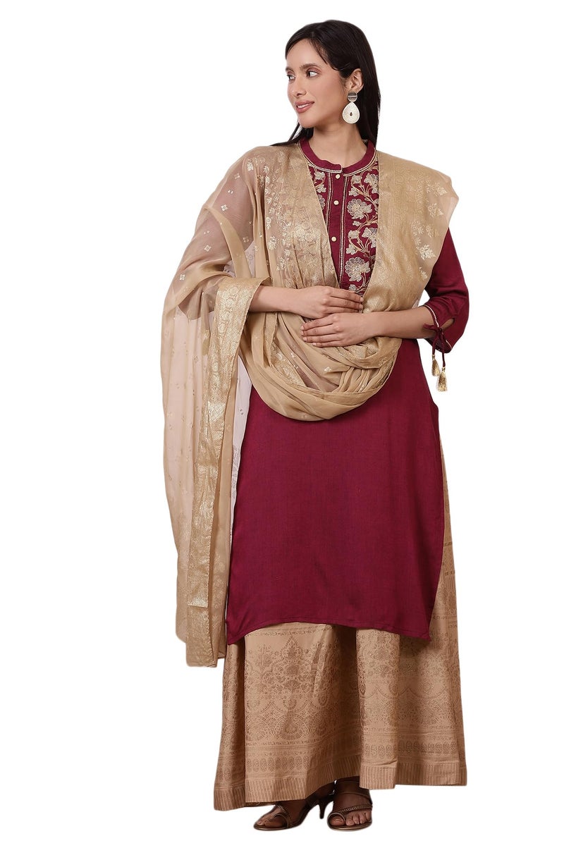Aurelia Women's Dark Pink Zari Embroidered Straight Kurta, Flared Skirt and Dupatta Set (Size: L)-ONAS13476-702839 - Image 1