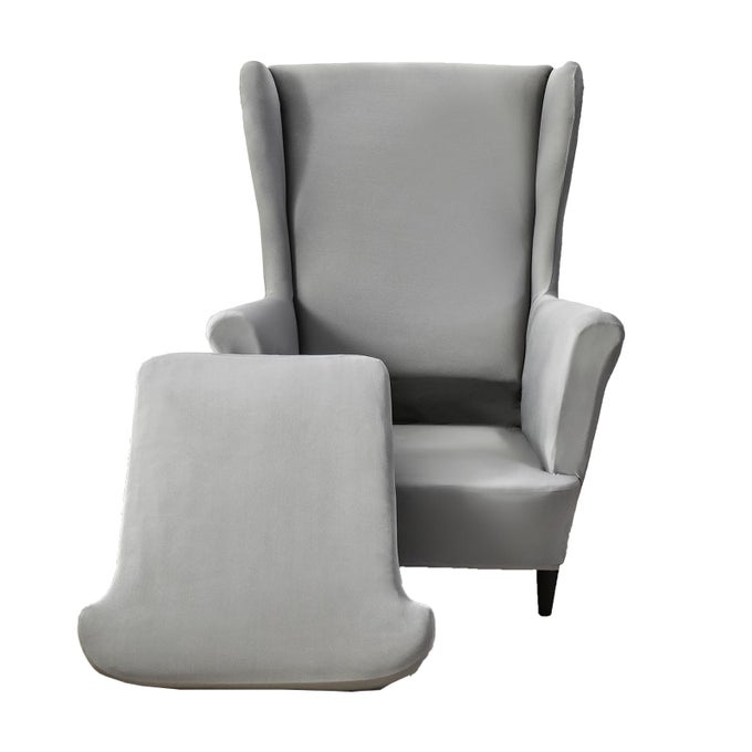 POLYESTER WING CHAIR COVERS 2 PIECE STRETCH WINGBACK CHAIR SLIPCOVER SOLID WINGBACK ARMCHAIR COVERS WITH ELASTIC BOTTOM FOR LIVING ROOM BEDROOM WINGBACK CHAIRLIGHT GREY