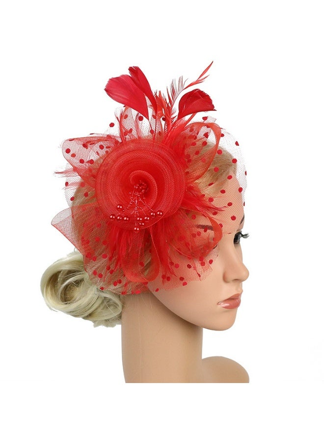 Flower Headware with Mesh and Feather, Fascinator Hats for Women Tea Party/Horse Racing/Festival Dressy（Red） - Image 5
