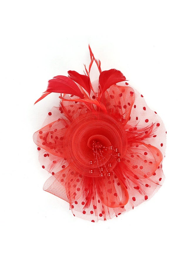 Flower Headware with Mesh and Feather, Fascinator Hats for Women Tea Party/Horse Racing/Festival Dressy（Red） - Image 1