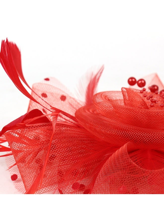 Flower Headware with Mesh and Feather, Fascinator Hats for Women Tea Party/Horse Racing/Festival Dressy（Red） - Image 4