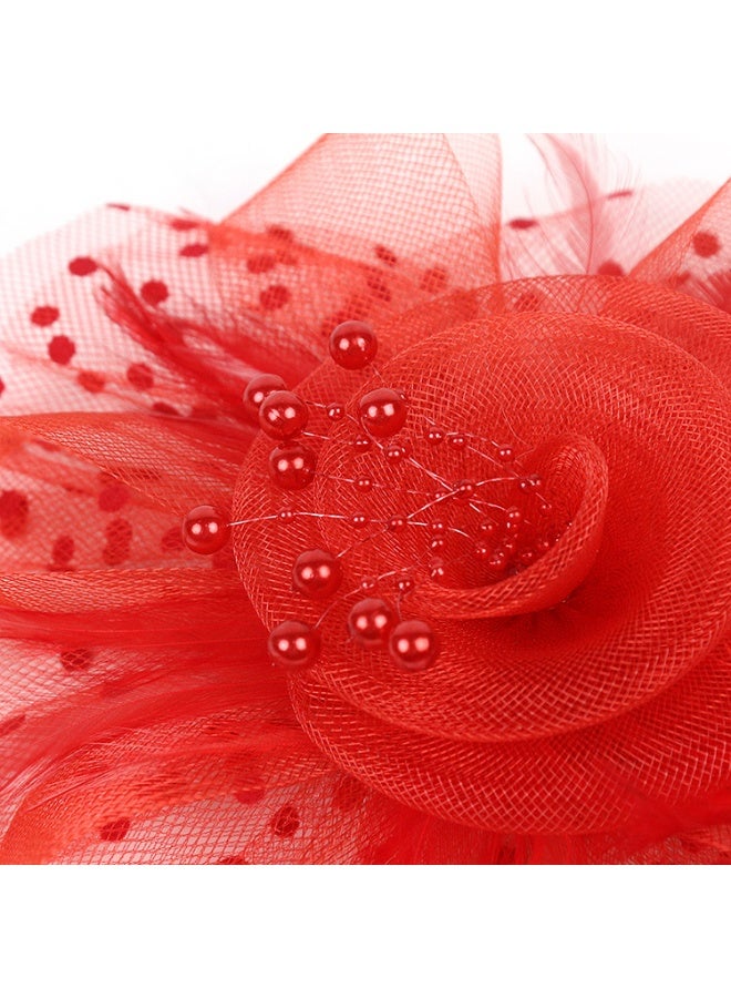 Flower Headware with Mesh and Feather, Fascinator Hats for Women Tea Party/Horse Racing/Festival Dressy（Red） - Image 3