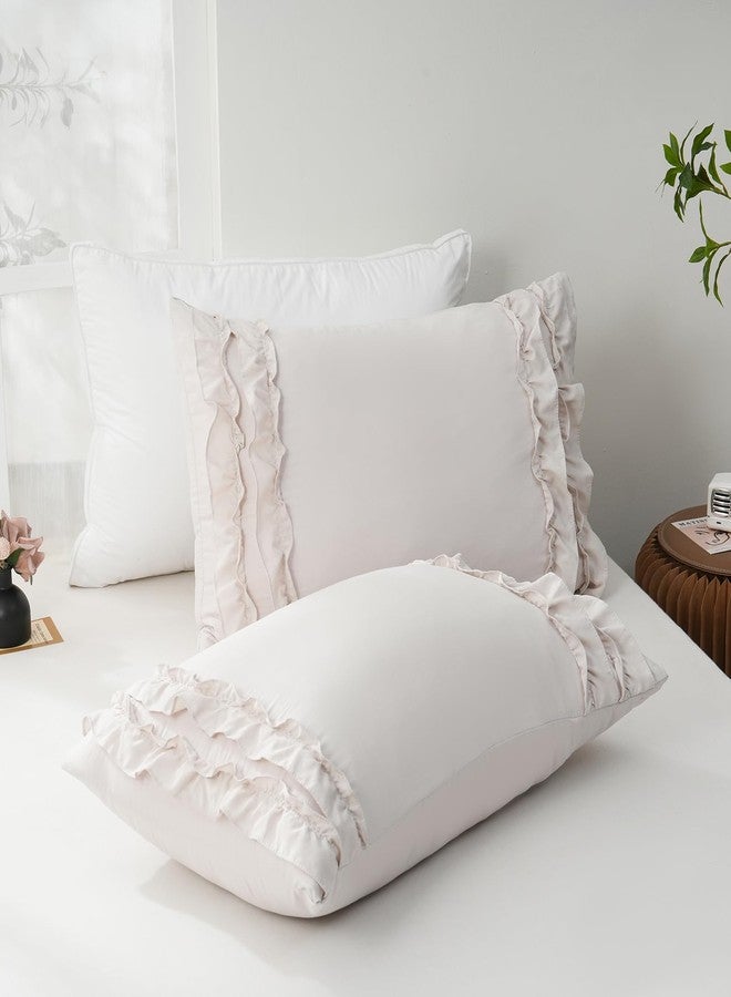 Herside Queen Size Pillowcases Set of 2,Chic Ruffle Pillow Shams,20x30 inches Beige Pillow Covers,French Country Vintage Ruffled Pillowcases 2 Pack,Ultra Soft Washed Microfiber(Beige,Queen) - Image 1