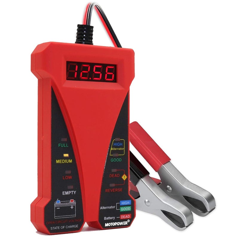 موتوباور MP0514C 12V مقياس فولت رقمي للبطارية ومحلل نظام الشحن مع شاشة LCD ومؤشر LED - طلاء مطاطي أحمر - Image 1
