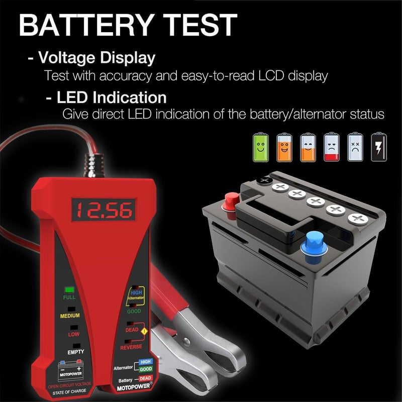 موتوباور MP0514C 12V مقياس فولت رقمي للبطارية ومحلل نظام الشحن مع شاشة LCD ومؤشر LED - طلاء مطاطي أحمر - Image 3