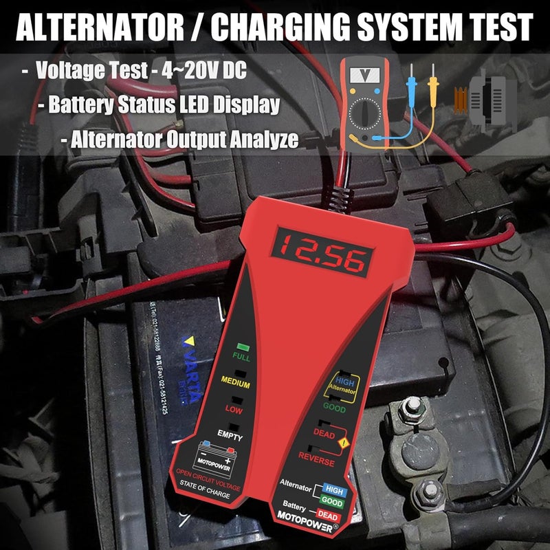 موتوباور MP0514C 12V مقياس فولت رقمي للبطارية ومحلل نظام الشحن مع شاشة LCD ومؤشر LED - طلاء مطاطي أحمر - Image 2