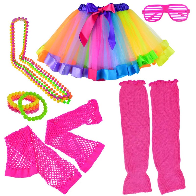 Miayon 6 in 1 80s Costume Accessories for Kids 1980s Fancy Outfits and Tutu Set for 80s Retro Theme Cosplay Party for GirlRainbow