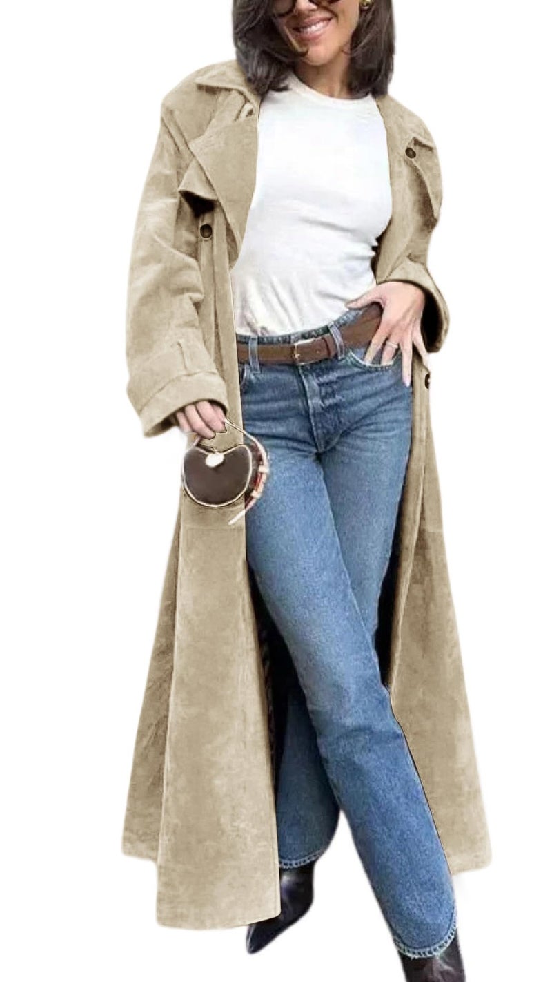 utcoco Womens Faux Suede Long Trench Coat Notched Lapel Double Breasted Pea Coat Overcoat with Belt (Medium, Light Khaki) - Image 1