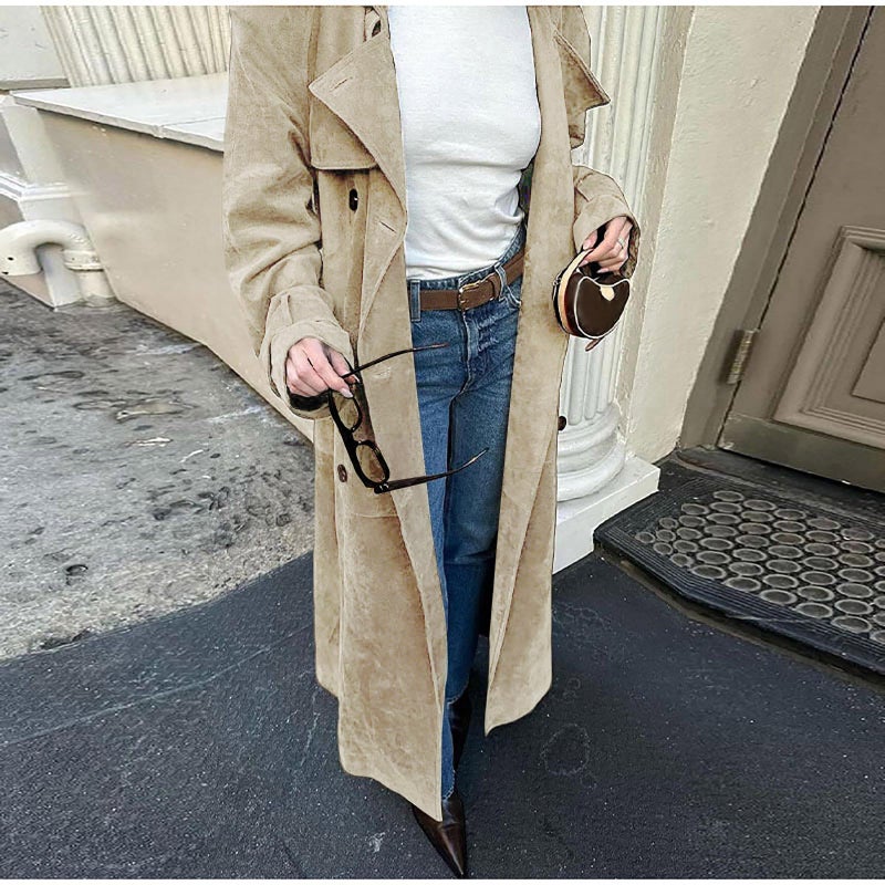 utcoco Womens Faux Suede Long Trench Coat Notched Lapel Double Breasted Pea Coat Overcoat with Belt (Medium, Light Khaki) - Image 2