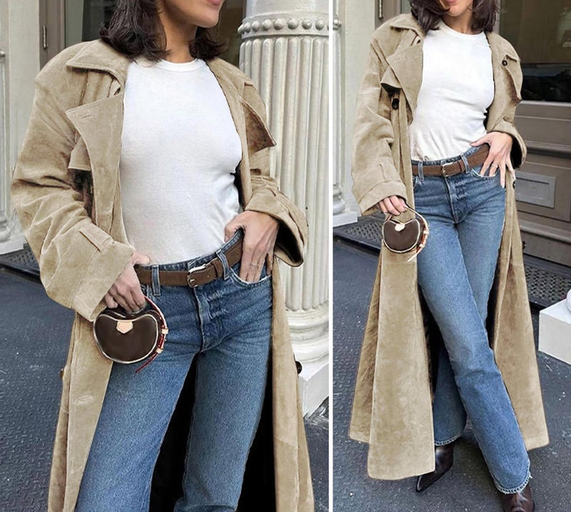 utcoco Womens Faux Suede Long Trench Coat Notched Lapel Double Breasted Pea Coat Overcoat with Belt (Medium, Light Khaki) - Image 4