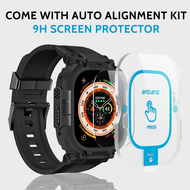 amBand Bands Case Screen Protector Compatible with Apple Watch Ultra 3/2/1 49mm for Men, M1 Sport Series Rugged Cover Strap and 9H Tempered Glass, Military Protective Bumper for iWatch 49 mm Men Black - Image 2