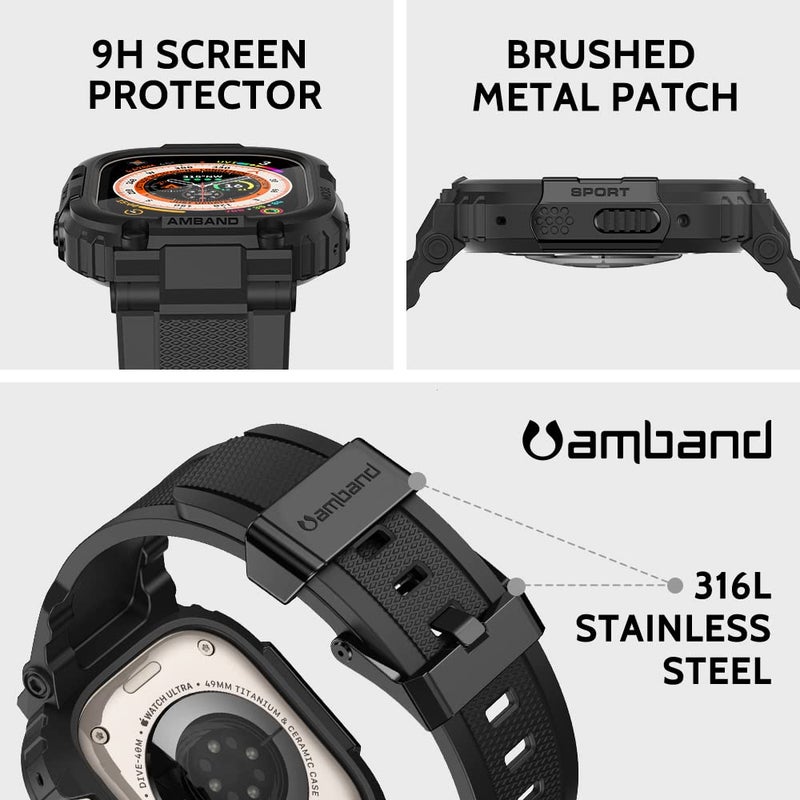 amBand Bands Case Screen Protector Compatible with Apple Watch Ultra 3/2/1 49mm for Men, M1 Sport Series Rugged Cover Strap and 9H Tempered Glass, Military Protective Bumper for iWatch 49 mm Men Black - Image 3