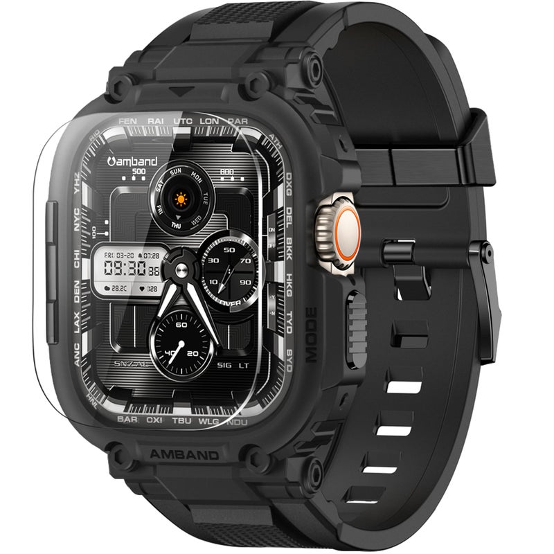 amBand Bands Case Screen Protector Compatible with Apple Watch Ultra 3/2/1 49mm for Men, M1 Sport Series Rugged Cover Strap and 9H Tempered Glass, Military Protective Bumper for iWatch 49 mm Men Black - Image 1