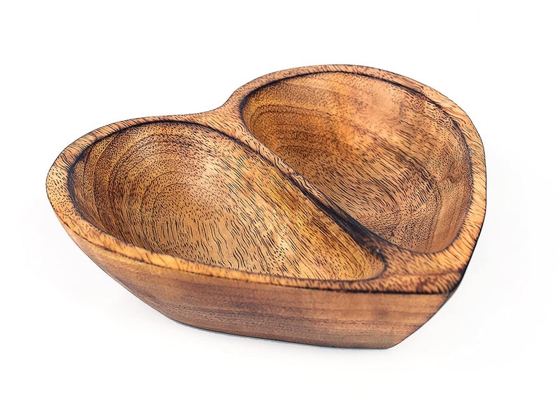 WitnyStore WitnyStore Heart Shaped Wood Bowl 6 Brown 2 Partitioned Handcraft Wooden Bowls Collectible Functional Serving Tray Dish Plate Hand Made Decorative Tableware Candy Nuts Desserts Fruit Home Dcor Gifts 