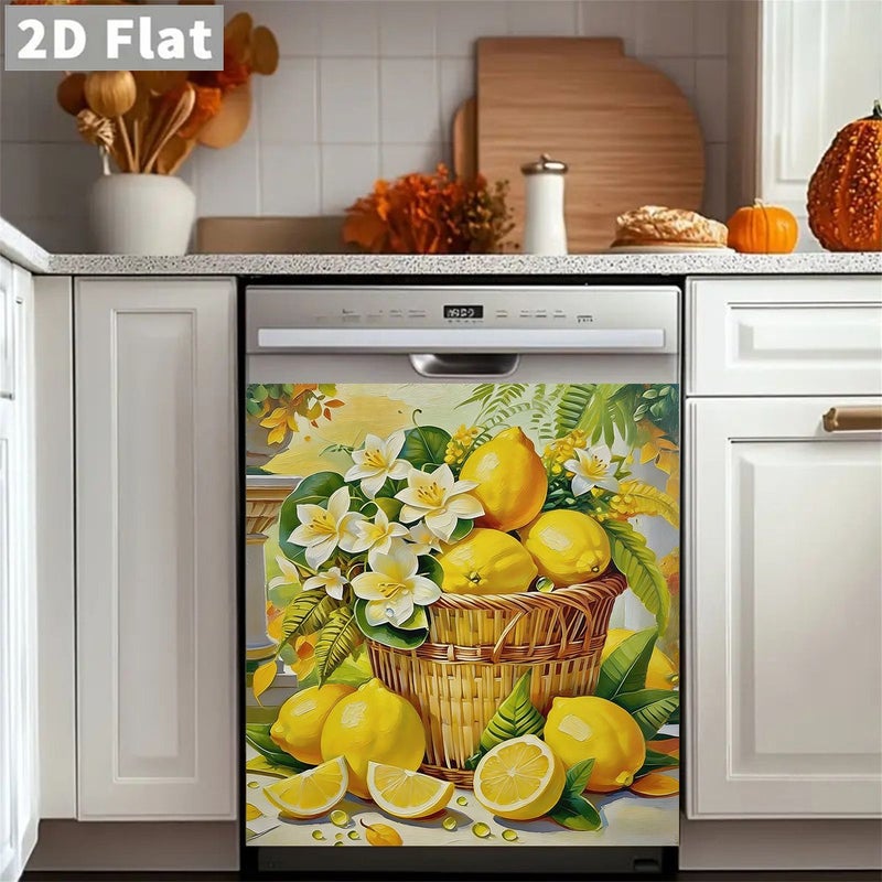 1 Piece 17 Inch by 23 Inch Magnetic Dishwasher and Refrigerator Door Cover Lemon Flower Basket Pattern Scratch Resistant Vinyl Appliance Protector Reusable Kitchen Decor - Image 5