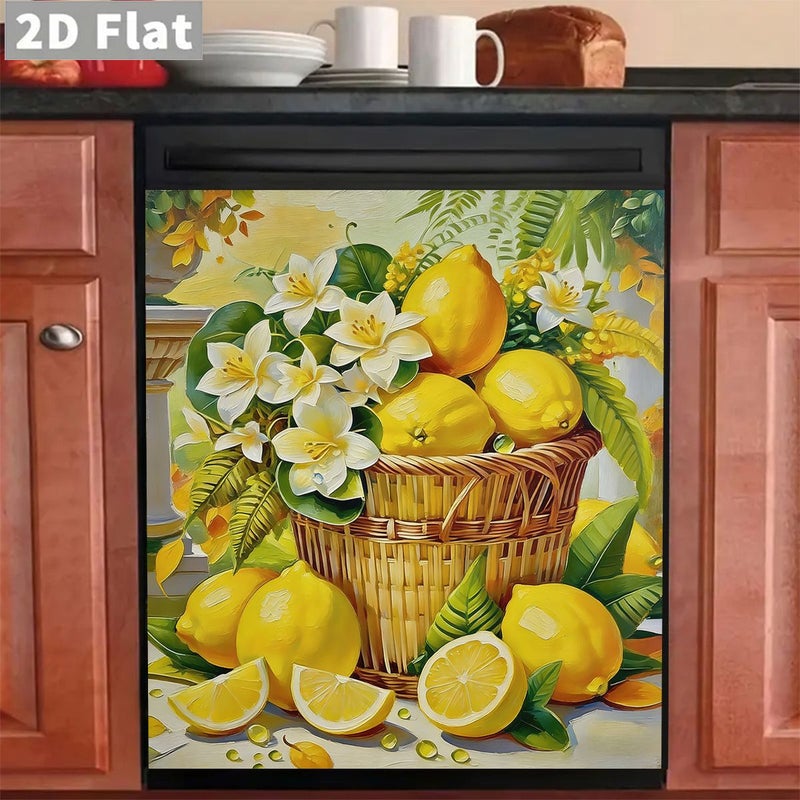 1 Piece 17 Inch by 23 Inch Magnetic Dishwasher and Refrigerator Door Cover Lemon Flower Basket Pattern Scratch Resistant Vinyl Appliance Protector Reusable Kitchen Decor - Image 3