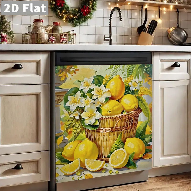 1 Piece 17 Inch by 23 Inch Magnetic Dishwasher and Refrigerator Door Cover Lemon Flower Basket Pattern Scratch Resistant Vinyl Appliance Protector Reusable Kitchen Decor - Image 1
