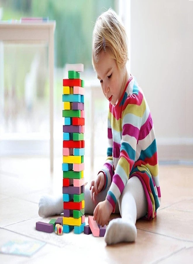 YIXT Colourful Wooden Stacking Tower Balancing Block Game with Dice, Rainbow, 54 Pieces (Big) - Image 3