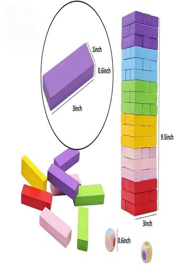 YIXT Colourful Wooden Stacking Tower Balancing Block Game with Dice, Rainbow, 54 Pieces (Big) - Image 4