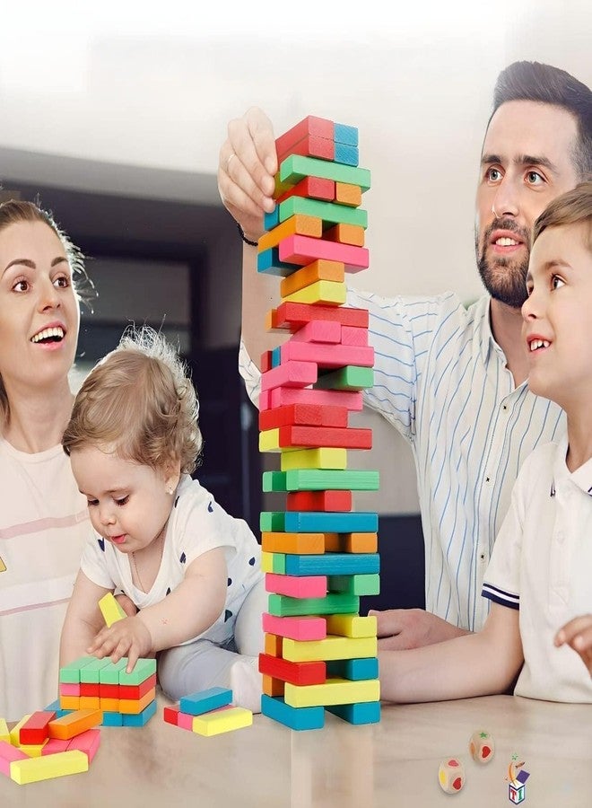 YIXT Colourful Wooden Stacking Tower Balancing Block Game with Dice, Rainbow, 54 Pieces (Big) - Image 2