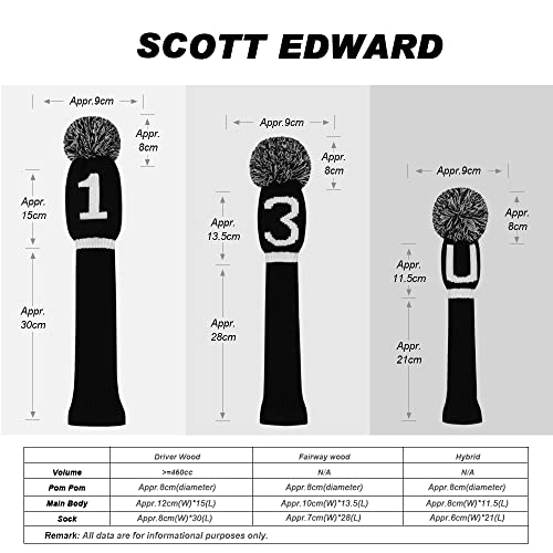 Scott Edward Knit Golf Club Cover with a Pom Set of 5 Head Covers Protect Driver Wood(460cc) 1 Fairway Wood2 and Hybrid/UT2 with Rotating Club Number Tags - Image 2