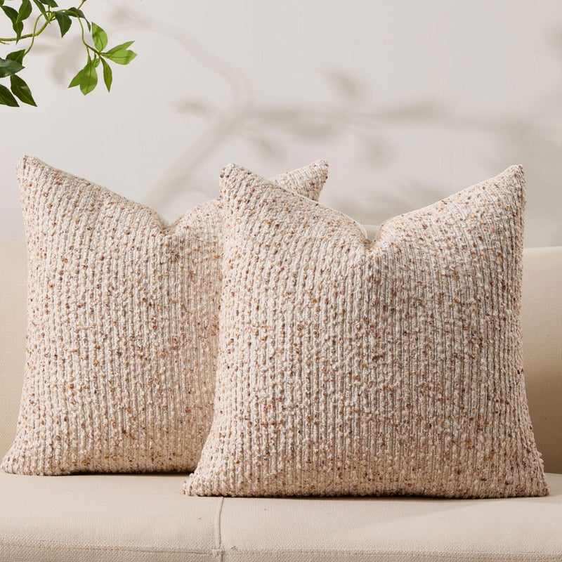 Allorry Decorative Couch Throw Pillow Covers 18x18 Set of 2 Beige Striped Soft Wool Pillow Covers Neutral Textured Boho Cushion Covers for Modern Farmhouse Sofa Bedroom Living Room Decor SY012-A18 - Image 1