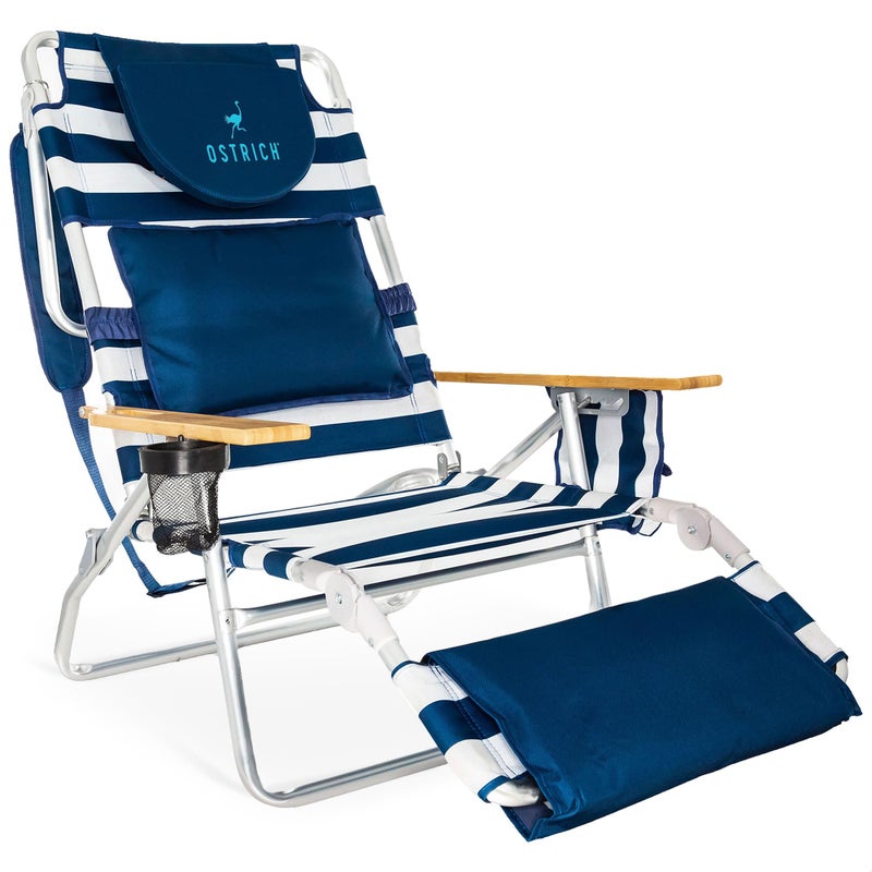 Ostrich Deluxe 3N1 Lightweight Lawn Beach Reclining Lounge Chair with Footrest Outdoor Furniture for Patio Balcony Backyard or Porch Blue Stripe