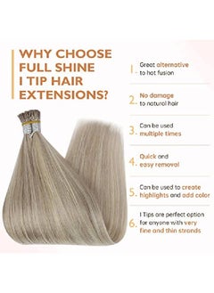 Full Shine Blonde Highlighted I Tip Strand By Strand Hair Extensions 22 Inch Fusion Tip 1G Per Strand 50G/Package Color 18 Ash Blonde Highlighted 613 Blonde Hair Extensions Remy Hair Silk Straight  - Image 3
