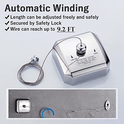LAFILLETTE Retractable Stainless Steel Clothesline, Clothes Line Dryer with Adjustable Nylon Rope String for Hanging Drying Bathroom, Laundry, Hotel, Indoor & Outdoor (Square), 1 Piece, Silver - Image 5