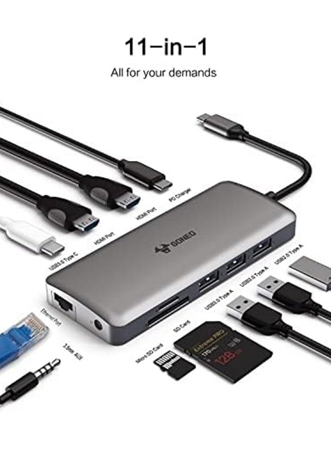 11 in 1 USB C Docking Station,Type C Hub Multiport Adapter with 2 HDMI Ports,100W PD Charger Port,5Gbps USB C,1000Mbps Ethernet Port,USB C Dongle for Dell XPS,MacBook,Hp,Lenovo,Samsung Galaxy