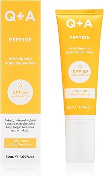 Q+A QA Peptide AntiAgeing Daily Sunscreen SPF 50 Lightweight NonSticky BroadSpectrum UVAUVB CollagenBoosting Hydrating RadianceEnhancing 95 Natural Vegan Facial SPF 50ml - Image 1