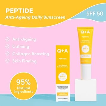 Q+A QA Peptide AntiAgeing Daily Sunscreen SPF 50 Lightweight NonSticky BroadSpectrum UVAUVB CollagenBoosting Hydrating RadianceEnhancing 95 Natural Vegan Facial SPF 50ml - Image 2