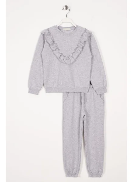 زيبكيدز Crew Neck Long Sleeve Ruffle Detailed Gray Color Girl's Two Piece Set
