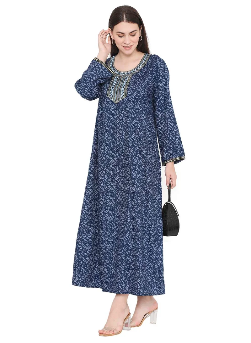 HANA & SARA LONG VISCOSE KAFTAN WITH SMALL PRINT AND THREAD EMBROIDERY CASUAL ARABIC FARASHA JALABIYA DRESS