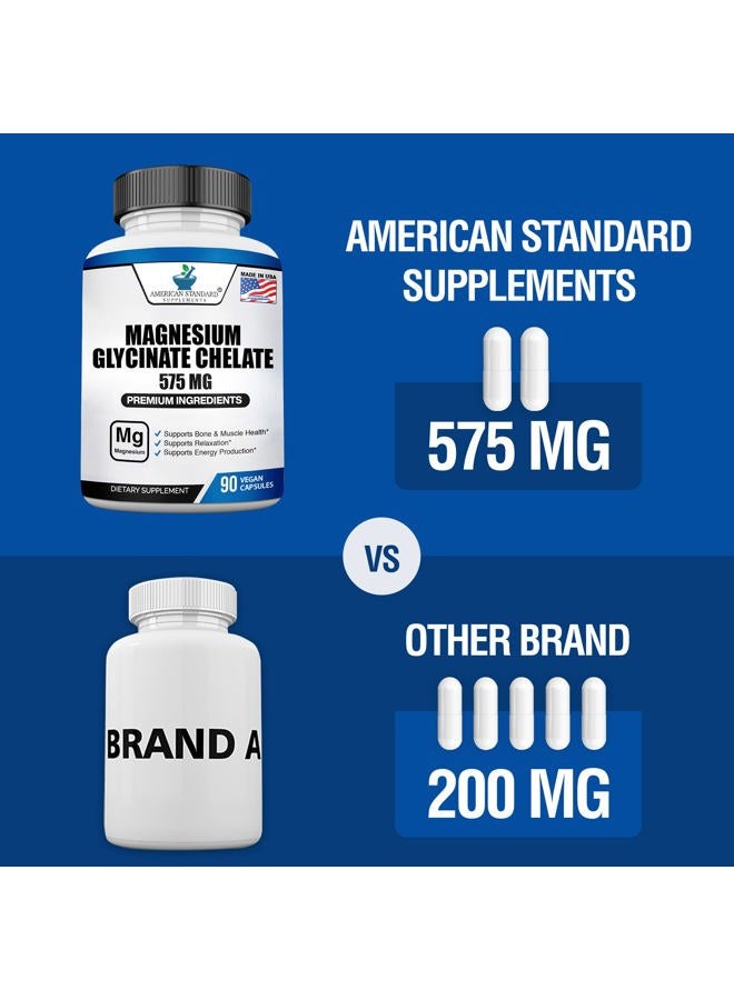 American Standard Supplements مغنيسيوم جليسينات 575 ملغ لكل حصة، 90 كبسولة نباتية، مكمل مغنيسيوم لصحة العظام والعضلات، مخلب لامتصاص أقصى - Image 4