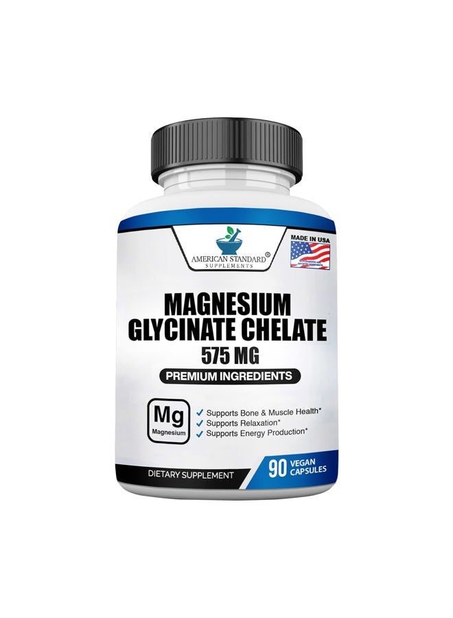American Standard Supplements مغنيسيوم جليسينات 575 ملغ لكل حصة، 90 كبسولة نباتية، مكمل مغنيسيوم لصحة العظام والعضلات، مخلب لامتصاص أقصى - Image 1