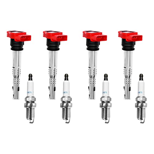 HQPASFY Ignition Coil Pack & Spark Plugs Set of 4 Compatible with Audi A4 A5 TT Volkswagen CC Tiguan & More 2.0L 2.0T Replaces# 06E905115E, UF529, 06E905115A, 06E905115C - Image 1