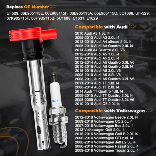 HQPASFY Ignition Coil Pack & Spark Plugs Set of 4 Compatible with Audi A4 A5 TT Volkswagen CC Tiguan & More 2.0L 2.0T Replaces# 06E905115E, UF529, 06E905115A, 06E905115C - Image 2