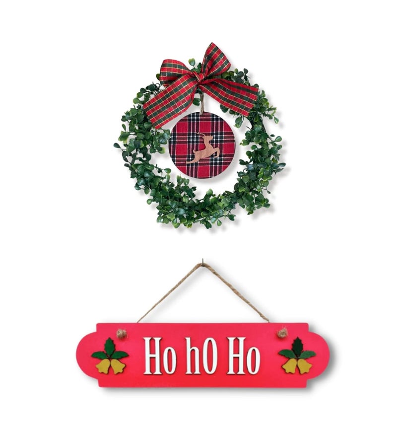 Chalk My Theme Set of Wreath Ring Ho ho ho Quote Wooden Hanging Tree Wall or Door Christmas Decoration Items For Home Office Restaurant Cafe School and Chruch - Image 1