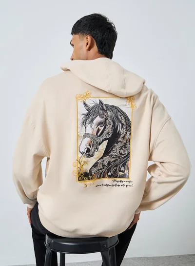 Styli Men Off White Horse Print Oversized Hoodie
