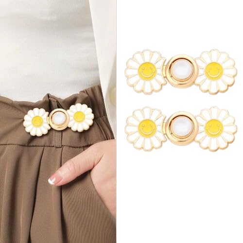ZURATO Colorfull Sun Flower Adjustable Jean Button, Pant Waist Tightener Pins, No Sew and No Tools Detachable Decorative Button, Waist Adjustment Buttons Extender (White - Gold, Pack of - 2) - Image 1