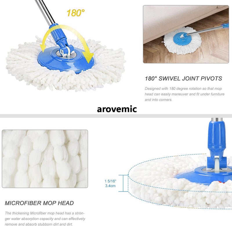 AROVEMIC Arovemic Premium Mop Stick Rod Set 360 Degrees Stainless Steel Floor Cleaning Mop Handle with 2 Microfiber Refill Head Blue 5 Years Warranty - Image 4