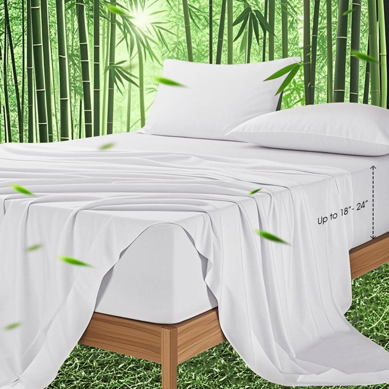 Ivellow Deep Pocket Queen Sheets Rayon Derived from Bamboo Extra Deep Pocket up to 1824 Hotel Luxury Cooling Sheets for Queen Size Bed Silky Soft Smooth Breathable Bed Sheets White